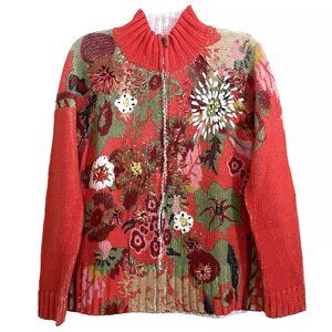 Coldwater Creek Floral Embroidery Zip Cardigan Sweater Medium Art To Wear Artsy